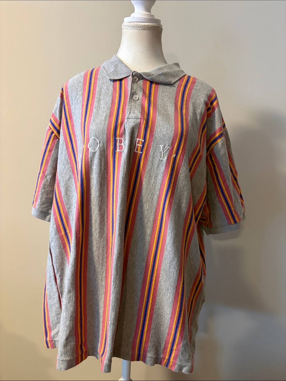 Obey 100% Cotton Gray Short Sleeve Polo with Pink, Orange & Blue Stripes. Sz XL